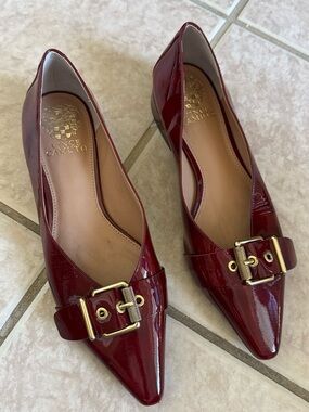 Vince Camuto Burgundy Patent Pointed Ballet Flats with Gold Buckle